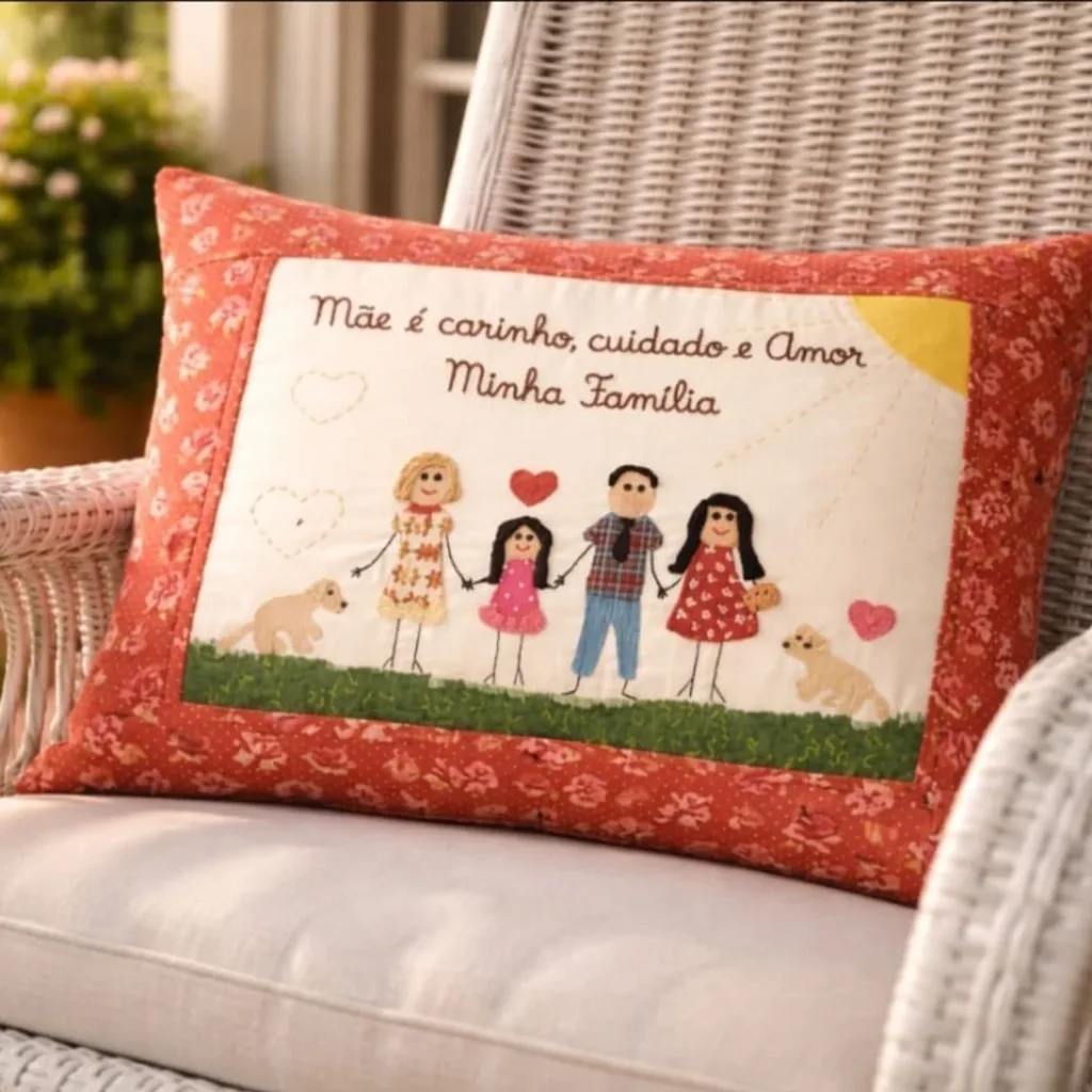 Almofada vermelha florida com a família bordada e a frase Minha Família, numa poltrona de vime