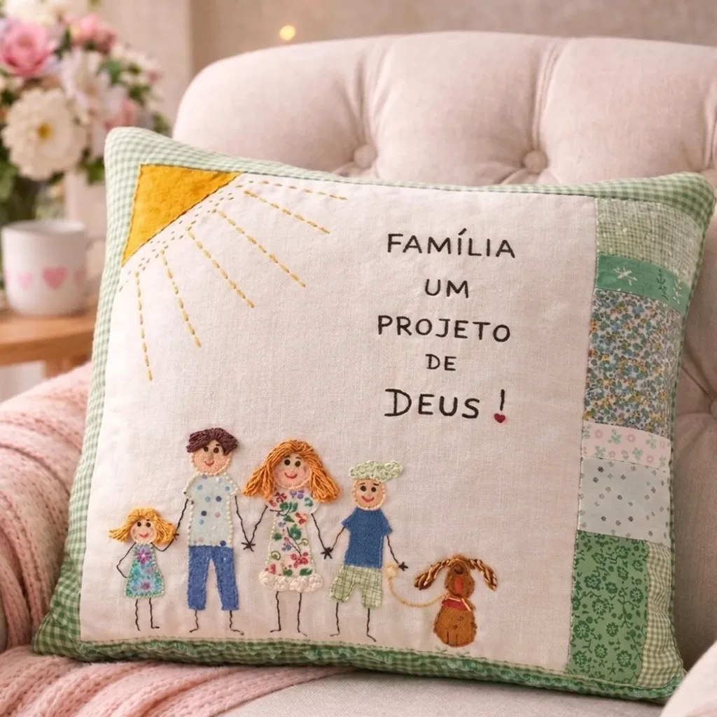 Almofada com sol bordado, a família e a frase Família, um projeto de Deus, num sofá