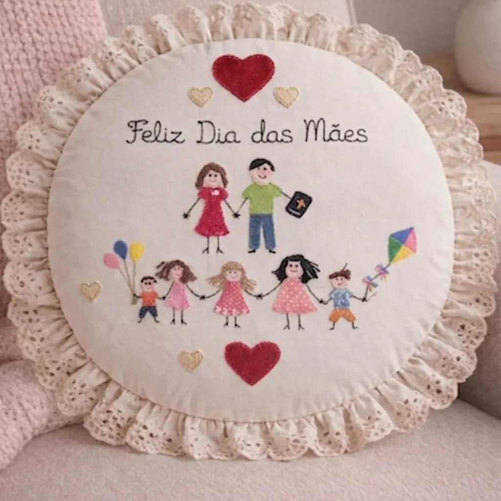 Almofada redonda com babado de renda, a família bordada e a frase Feliz Dia das Mães