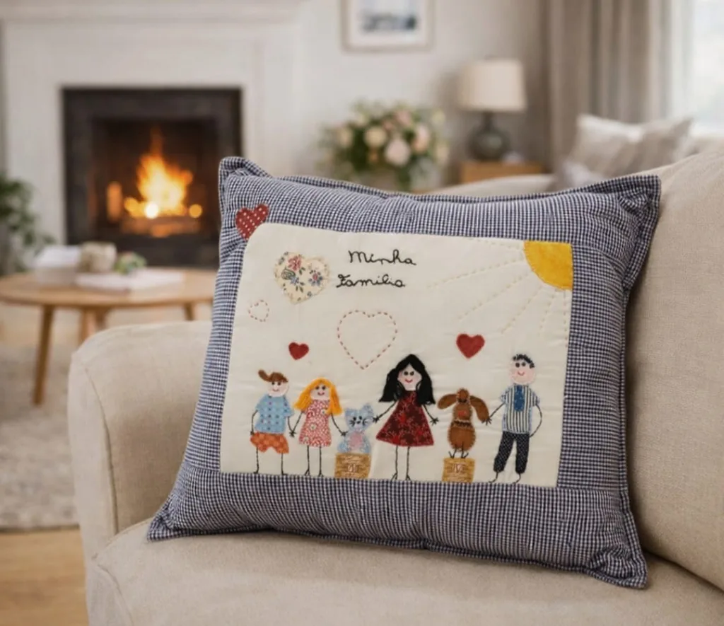 Almofada de patchwork com a família bordada e a frase Minha Família, num sofá